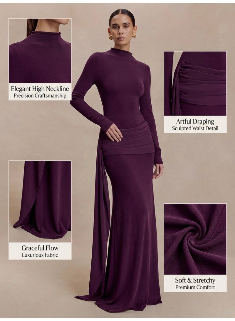 MS MIN Women's Luxury High Neck Long Sleeve Maxi Dress, Slim Fit Bodycon, Elegant Modest Formal Dress for Wedding Guest & Party - Image 4